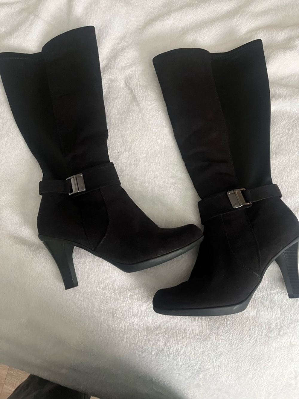 Women's Black Mid-Calf Heeled Boots with Buckle Accent size 8